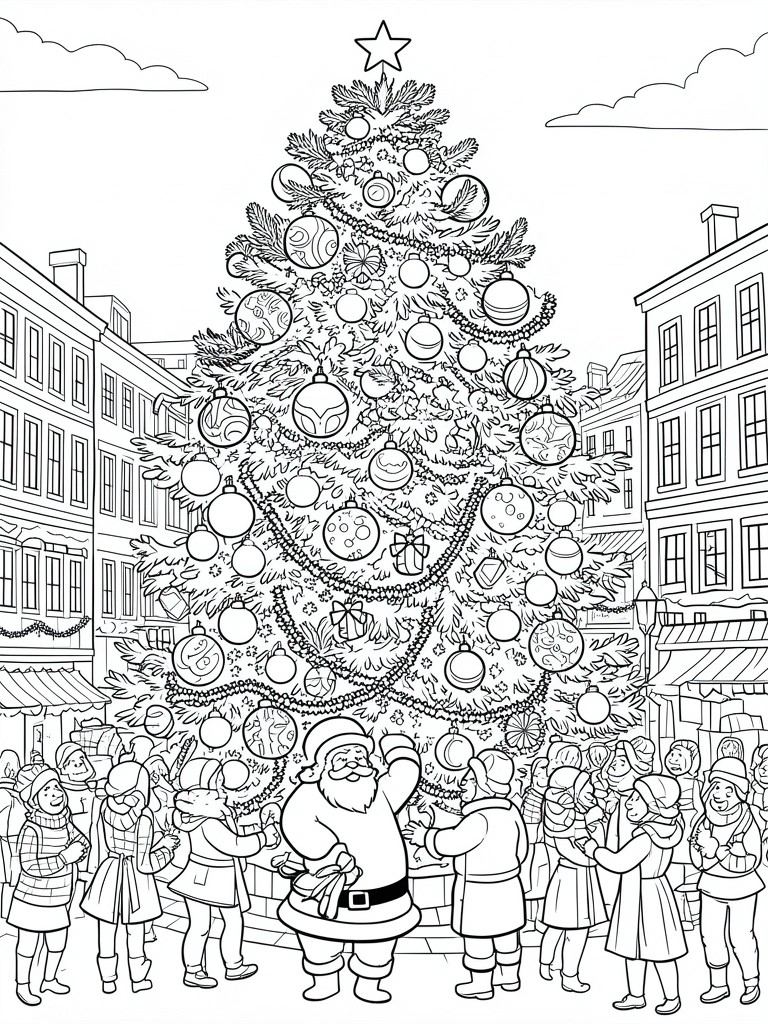 A black and white coloring page shows Santa with a group of people gathered around a large decorated Christmas tree in a town square lined with buildings.