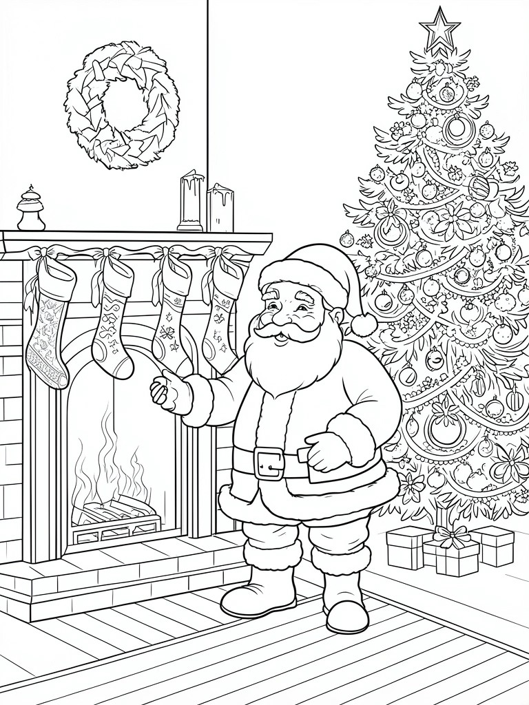 Santa Claus in suit stands by fireplace with stockings and decorated Christmas tree.