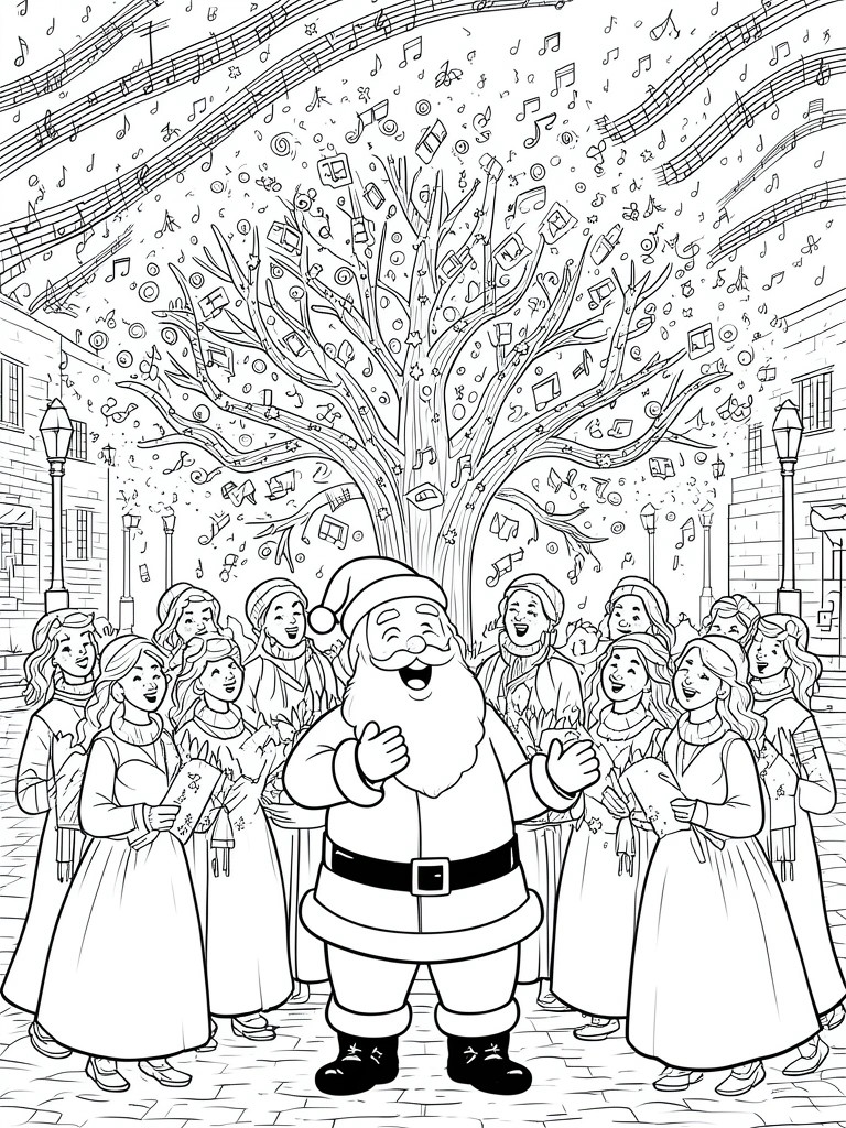 Santa Claus sings with carolers under a tree covered in floating musical notes