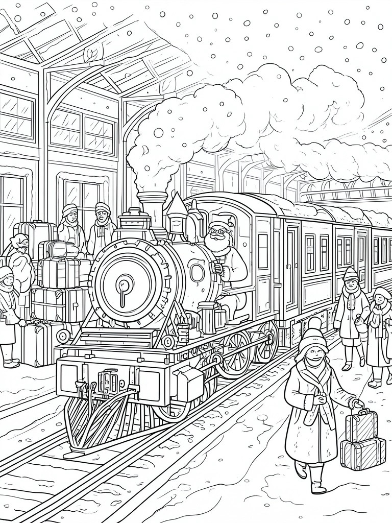 Black and white line drawing of Santa driving a steam train into a snowy station with passengers and luggage on the platform.