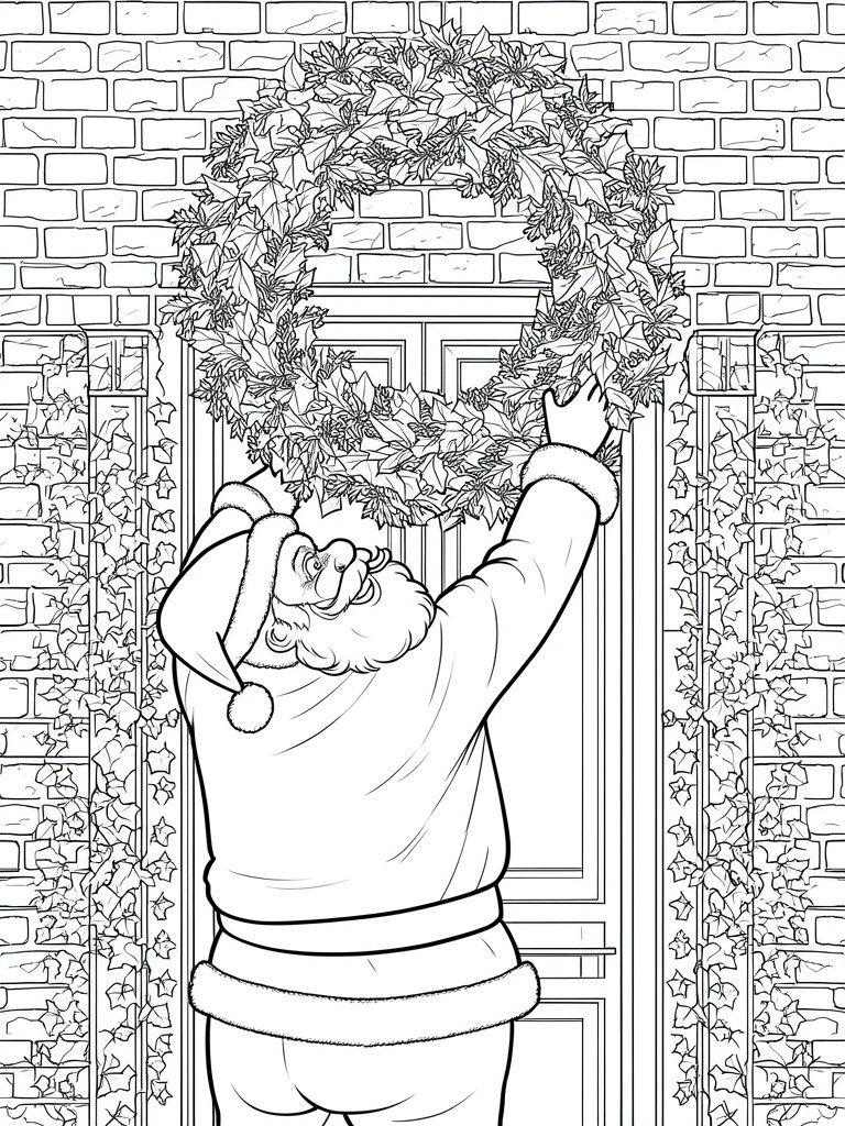 Santa Claus from behind hanging large wreath on door of ivy-covered brick building