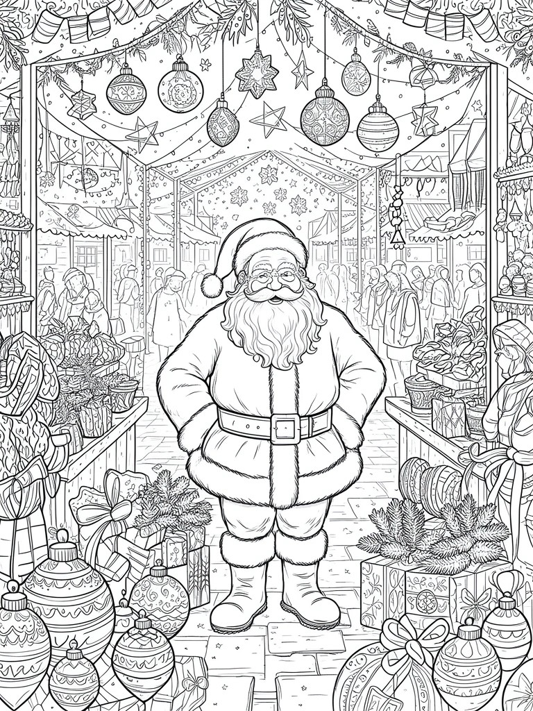 Santa Claus in festive Christmas market with hanging ornaments, stalls, and shoppers in line art style.