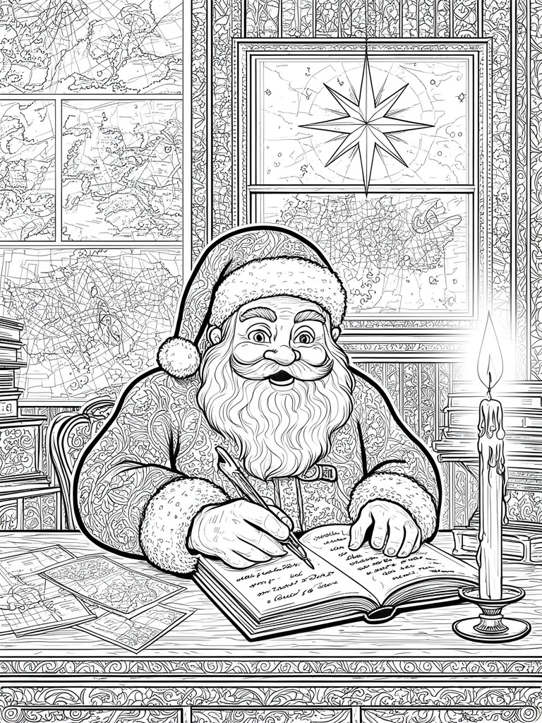 Black and white line art of Santa writing in book at map-covered desk with candle and star window