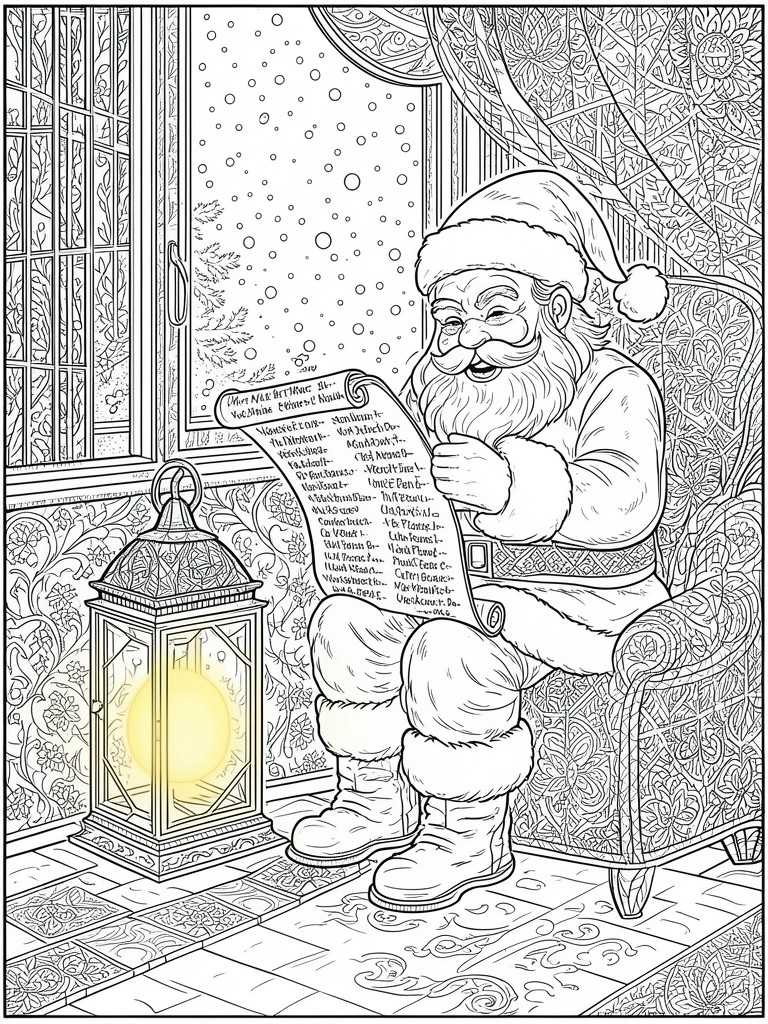Santa reading scroll by glowing lantern in ornate festive room, black-and-white line art