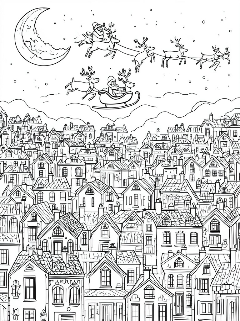 Line art of Santa's sleigh with reindeer flying over houses under a crescent moon