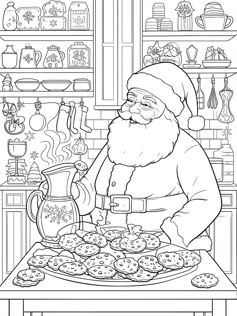 Coloring page of Santa pouring from pitcher by cookie plate in decorated kitchen