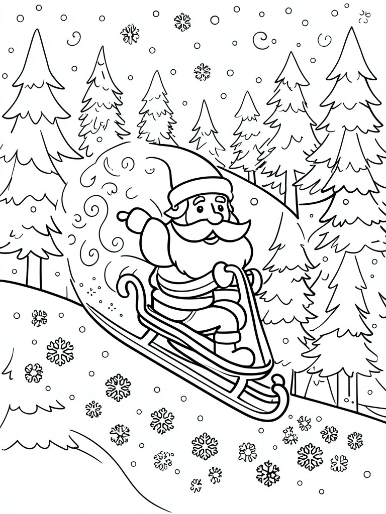 A black and white line drawing of Santa in a sleigh sliding down a snowy hill surrounded by pine trees and snowflakes.