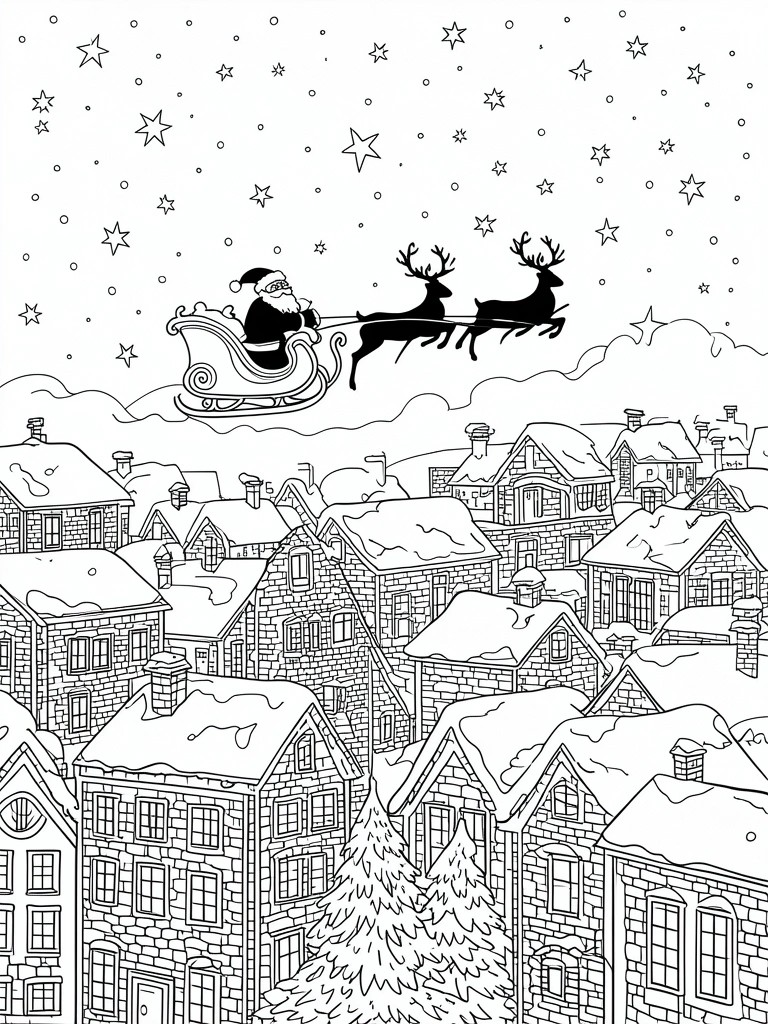 A black and white coloring page showing Santa in a sleigh with two reindeer flying over snow-covered houses and a Christmas tree on a starry night.
