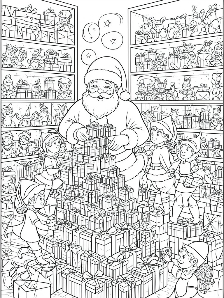 Santa Claus and elves stacking gifts amid toy shelves in a workshop coloring page