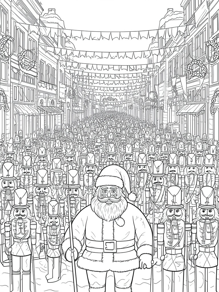 A black and white coloring page shows Santa Claus in the foreground with rows of nutcracker soldiers behind him on a street lined with buildings, wreaths, and banners.