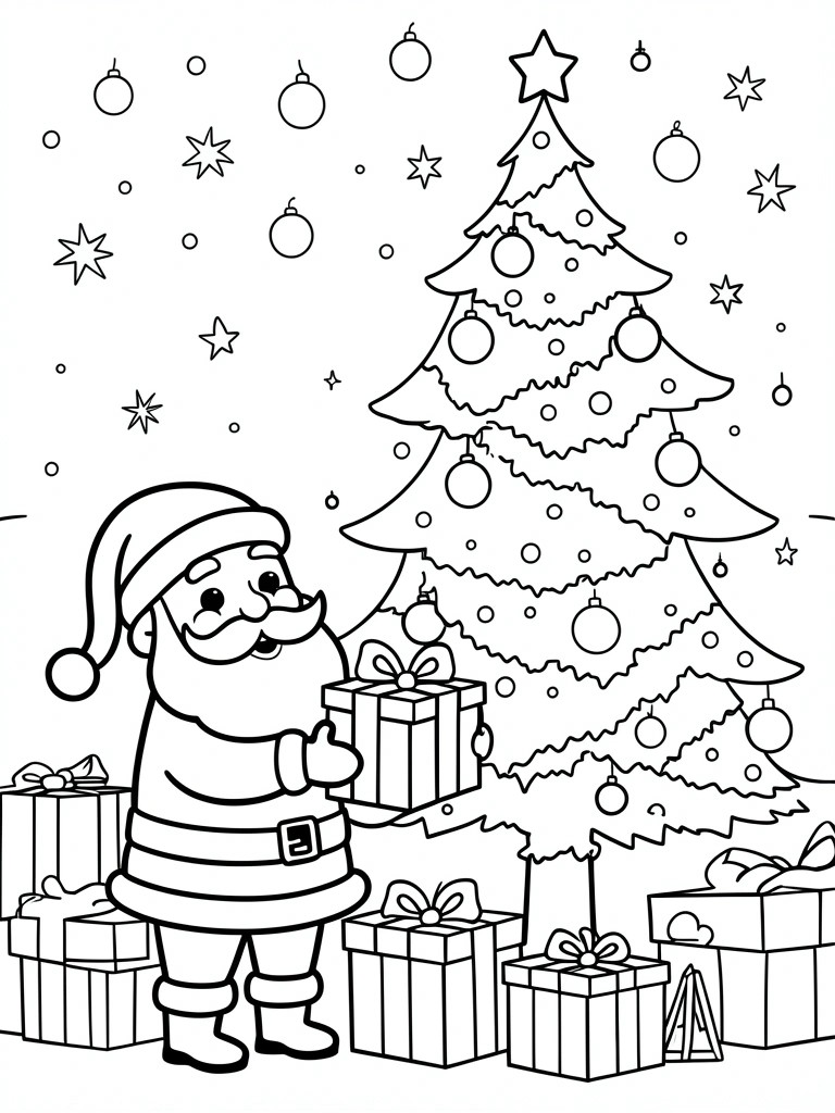 Line drawing of Santa holding a gift next to a Christmas tree with presents around the base.