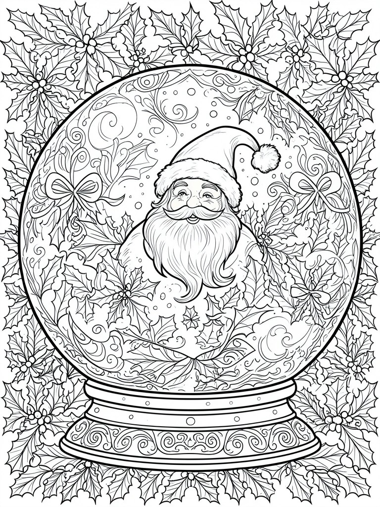 A black and white line drawing of Santa inside a snow globe with holly and bows around the border.