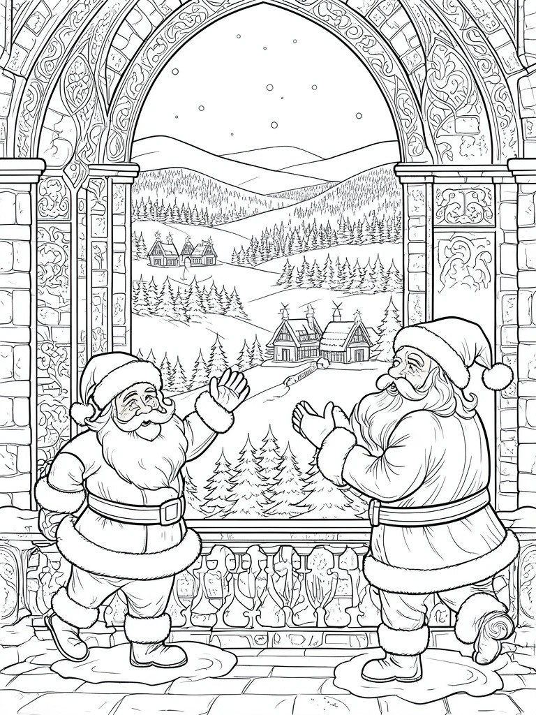 Two Santas in suits gesture before snowy village and mountains through ornate arch