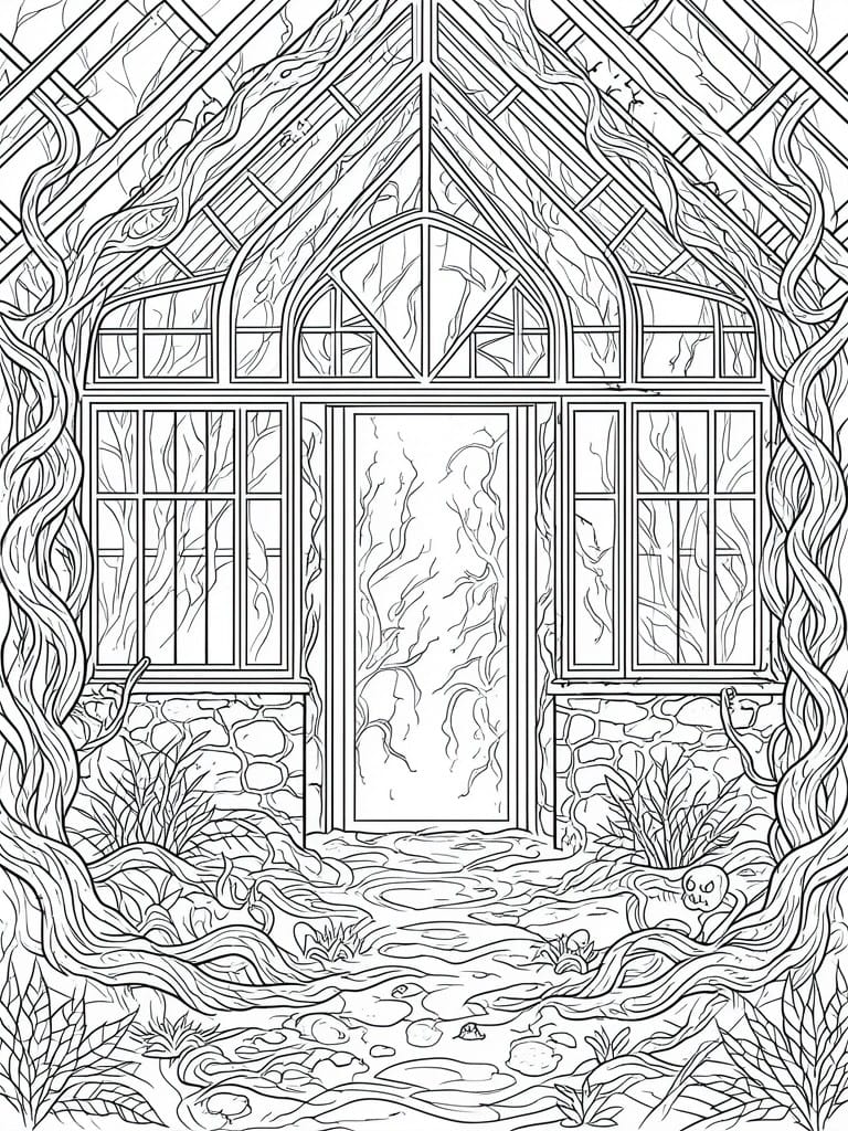 Line drawing of vine-covered abandoned greenhouse with broken windows, stone base, and skull.