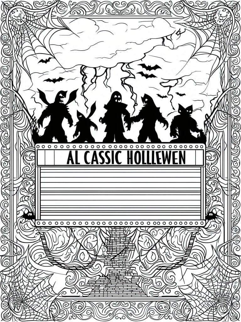 A black and white coloring page showing horror movie monster silhouettes beneath a marquee sign that reads 