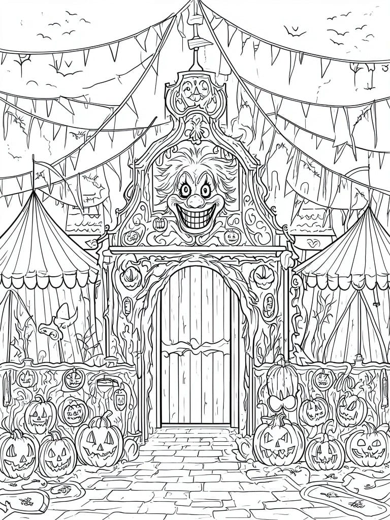 Haunted carnival entrance with clown face, pumpkins, tents, and bunting flags