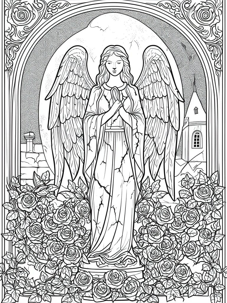 A black and white line drawing of a cracked winged angel statue surrounded by roses with a church in the background inside an ornate frame.