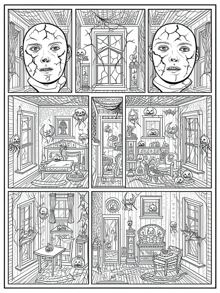 Comic panels of haunted rooms with ghosts, pumpkins, and cracked heads.