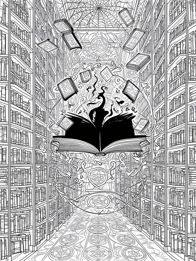 Ornate library aisle with floating books above an open dark tome and pentagram floor.