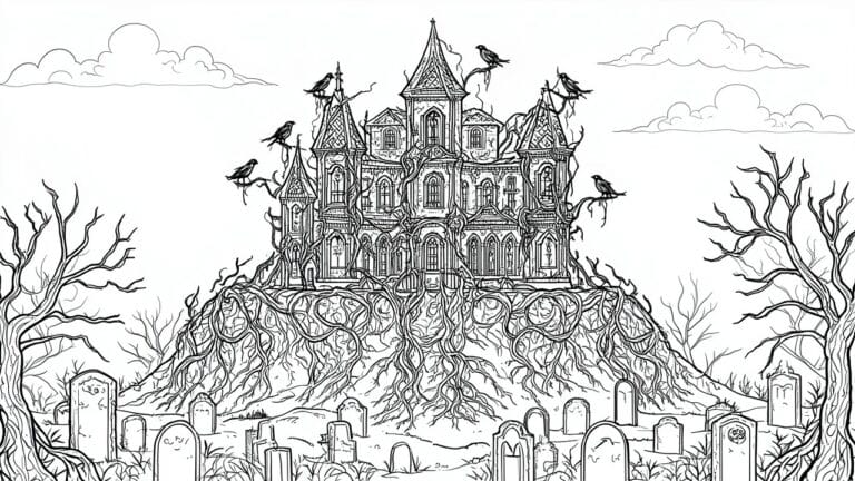 Black and white line art of a tall haunted castle above a graveyard filled with tombstones, bats, birds, and thick vines.