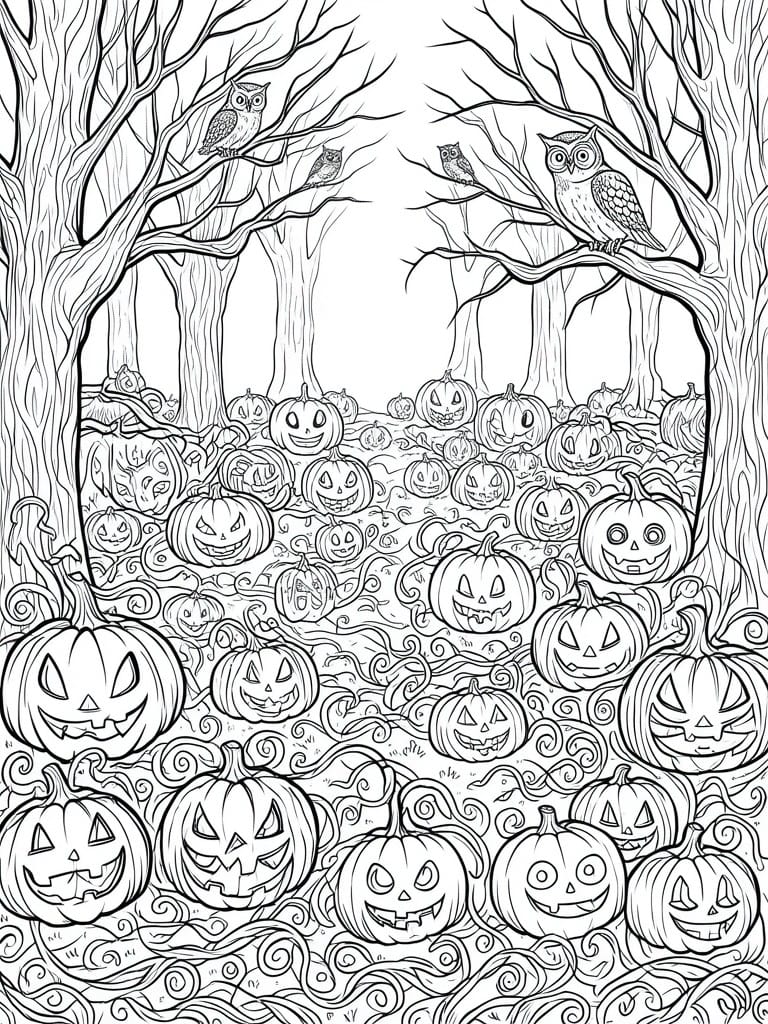 Black and white line art of owls in trees above a pumpkin-filled forest path