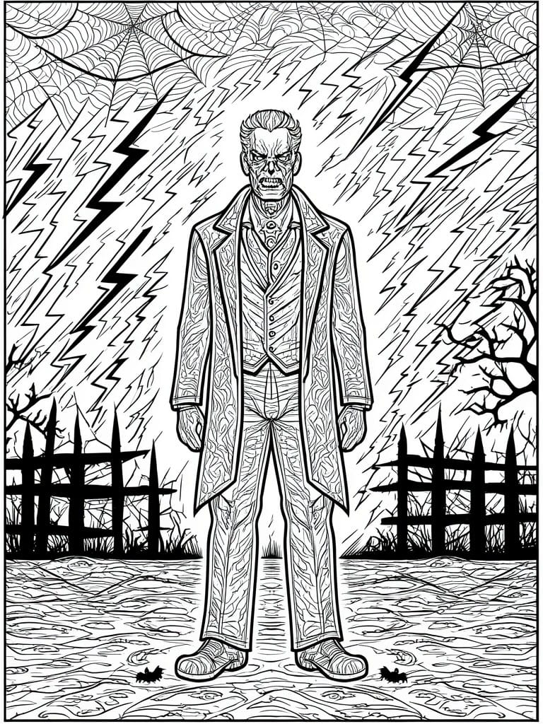 Menacing vampire in ornate coat amid lightning, spiderwebs, broken fences, and bats.
