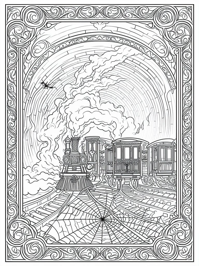 Ornate black-and-white line art of steam train exiting arched tunnel over spiderweb tracks.