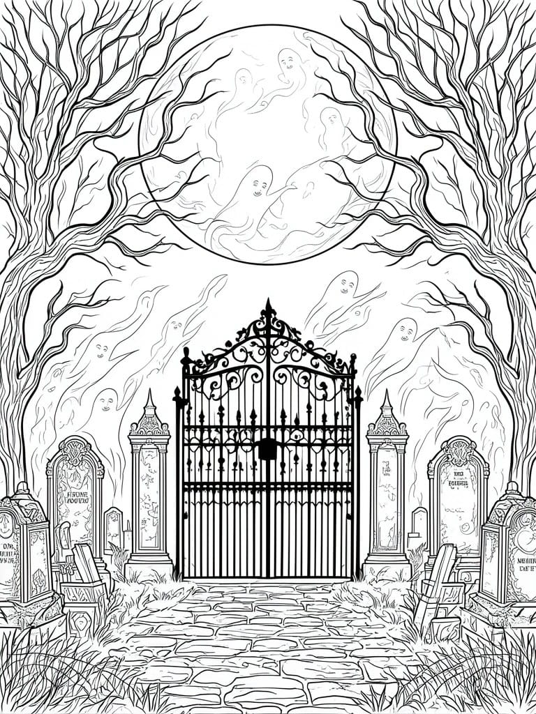 Ornate cemetery gate with tombstones, ghosts, twisted trees, and full moon in black and white