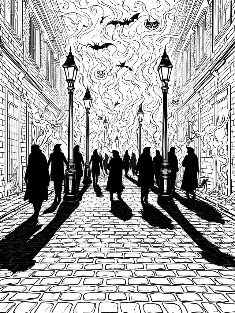 A black and white line drawing of a spooky cobblestone street at night with silhouetted people, street lamps, bats, and pumpkins.