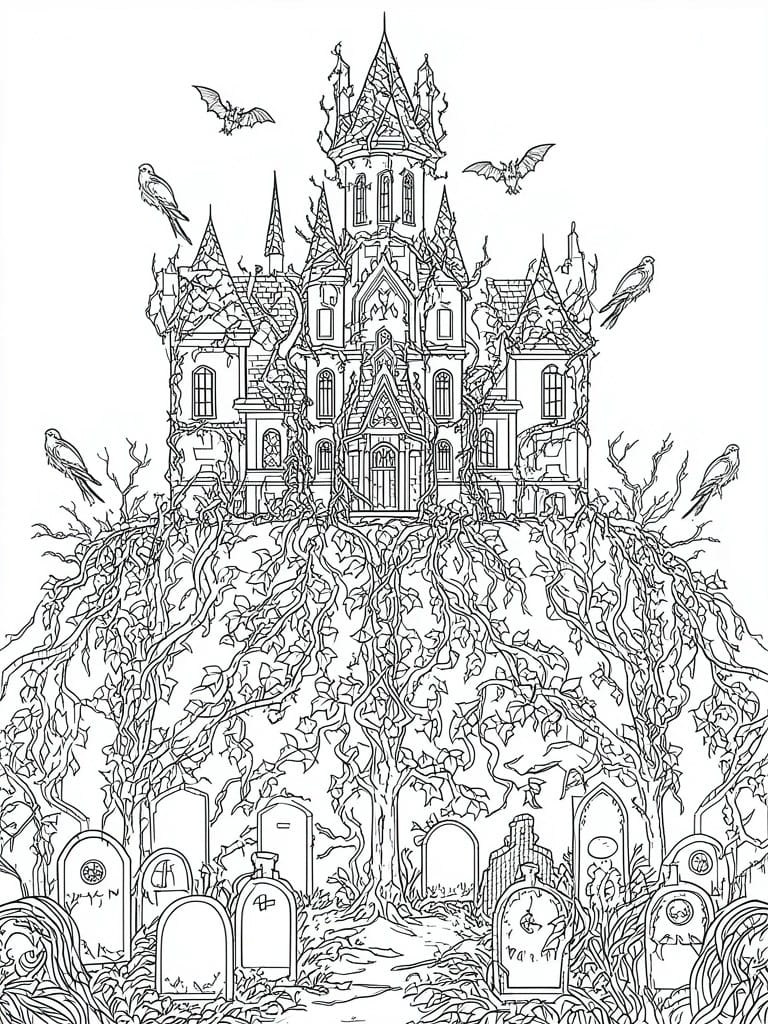 Black and white line art of a tall haunted castle above a graveyard filled with tombstones, bats, birds, and thick vines.