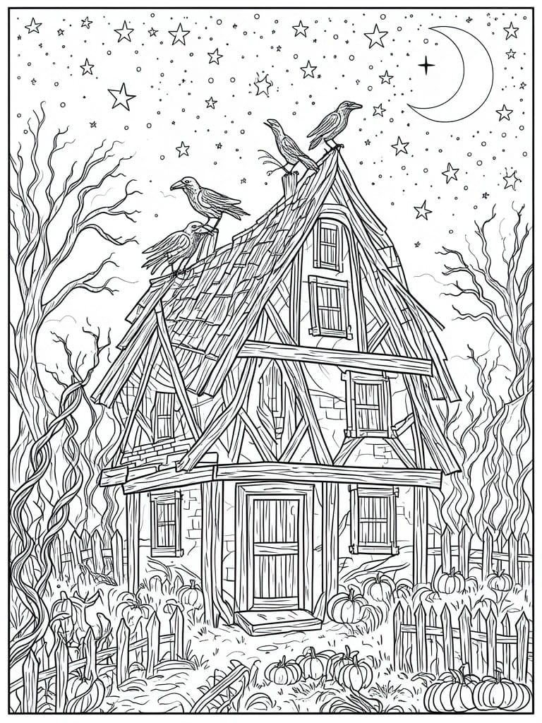 Black-and-white line art of a crooked haunted house with ravens, stars, moon, and pumpkins.