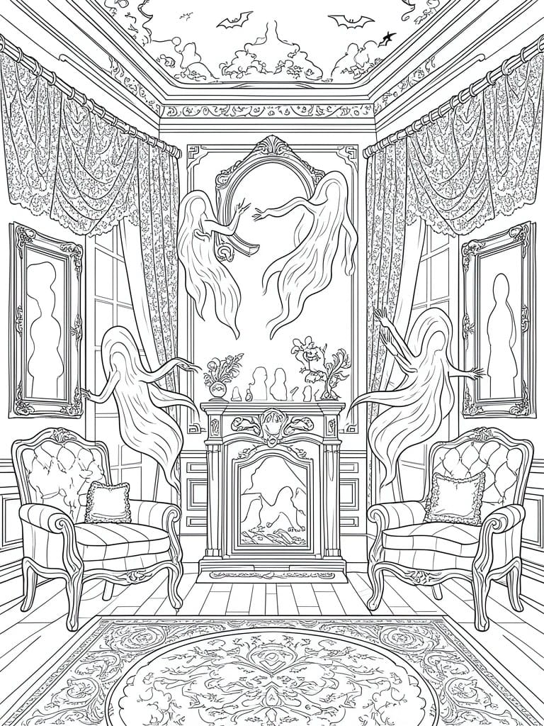 Black and white line drawing of a Victorian room with multiple ghosts, armchairs, a fireplace, curtains, mirrors, and bats on the ceiling.