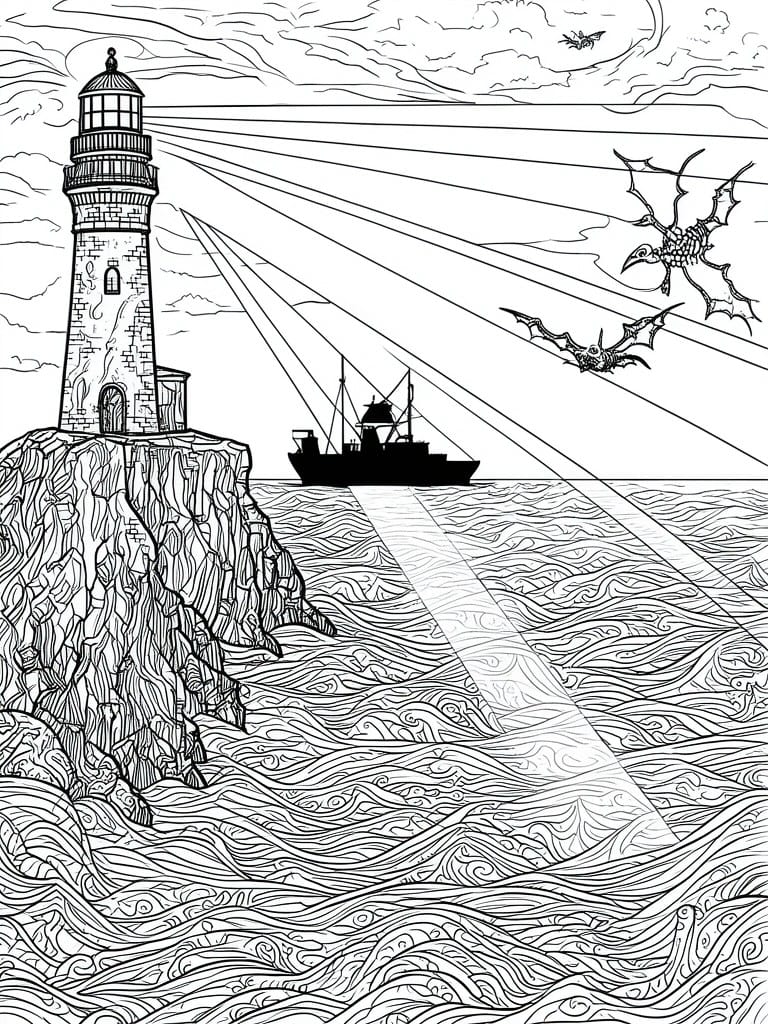 A black and white line drawing of a lighthouse on a cliff with light beams over the ocean, a ship, bats, and a dragon-like creature in the sky.