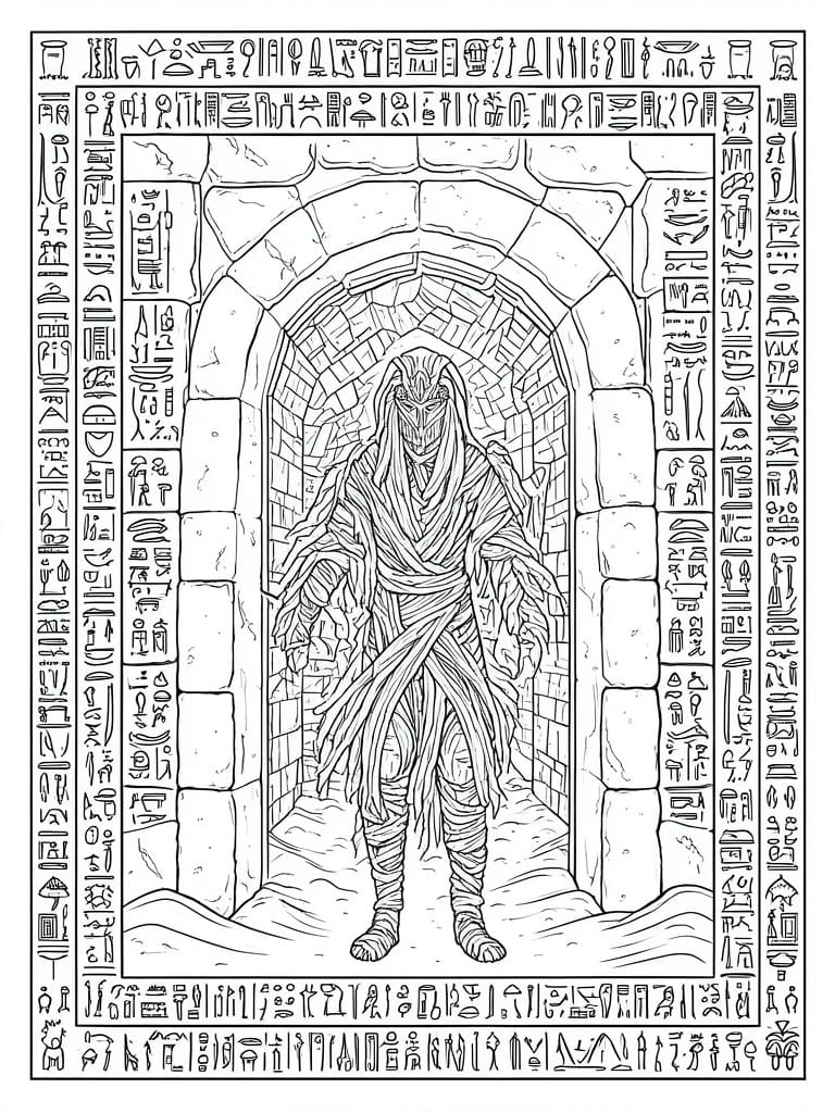 A coloring page of a mummy standing in an Egyptian-style stone archway surrounded by hieroglyphics.