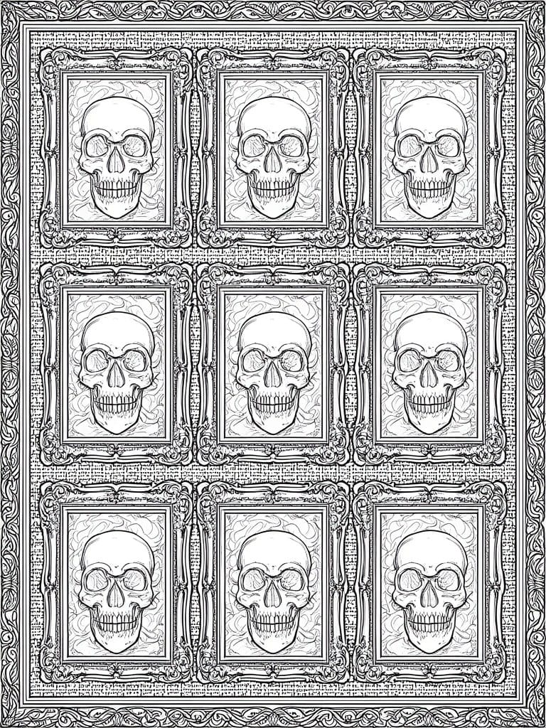 Nine skulls in ornate frames arranged in a 3x3 grid with decorative border.