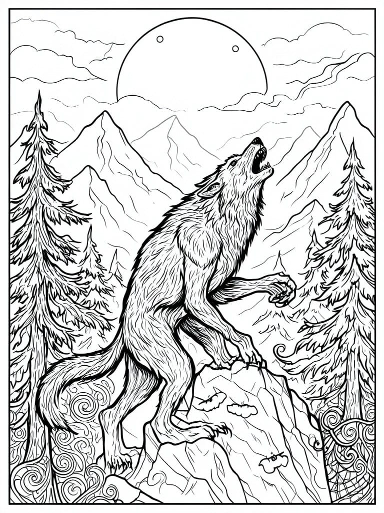 Howling wolf on rocky peak under full moon with pine trees and mountains.