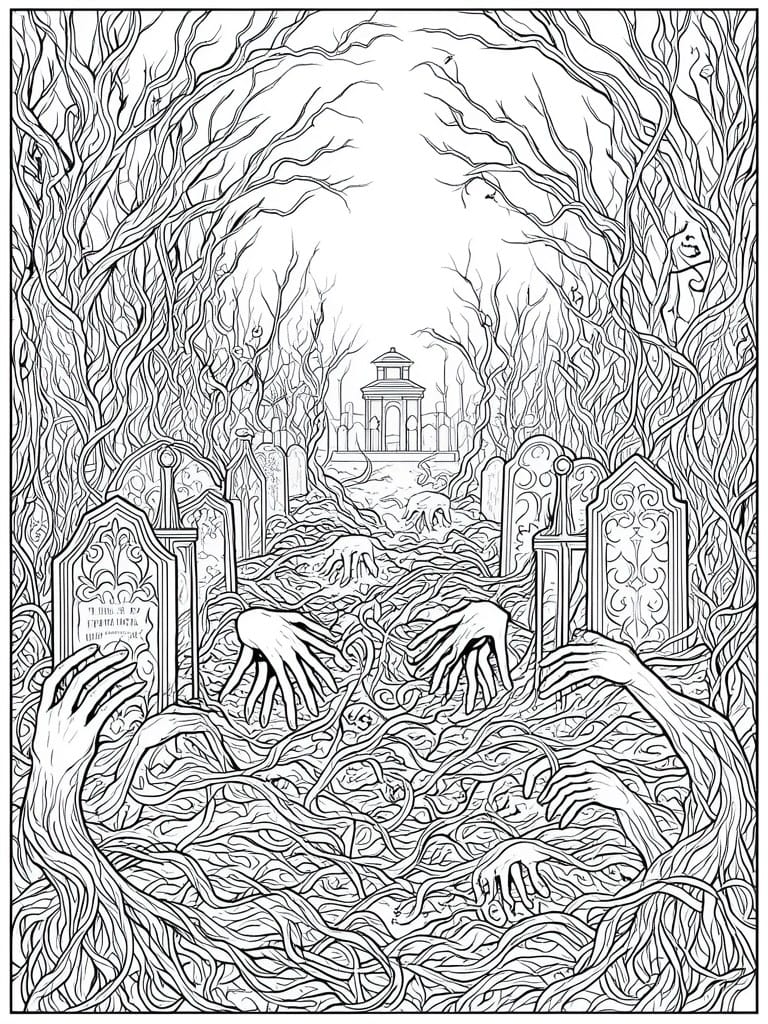 A black and white line drawing of a graveyard with multiple zombie hands emerging from tangled roots and vines, surrounded by twisted bare trees and ornate gravestones, with a path leading to a distant mausoleum.