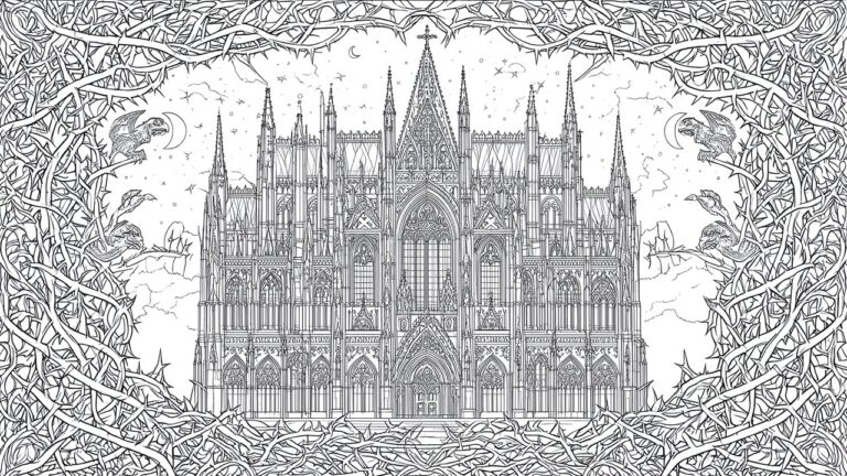 Gothic cathedral with flying dragons and thorny vines in black-and-white line art.