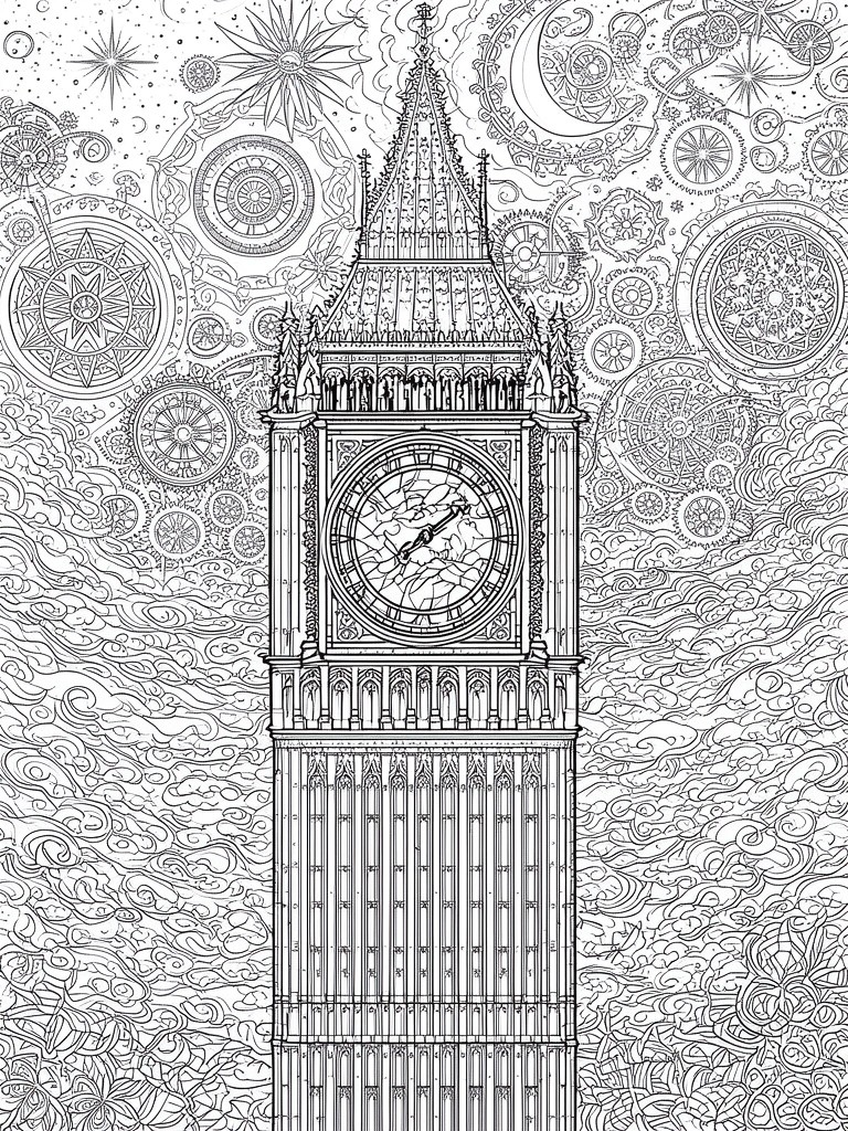 Intricate black and white line art of Big Ben amid gears, stars, and clouds