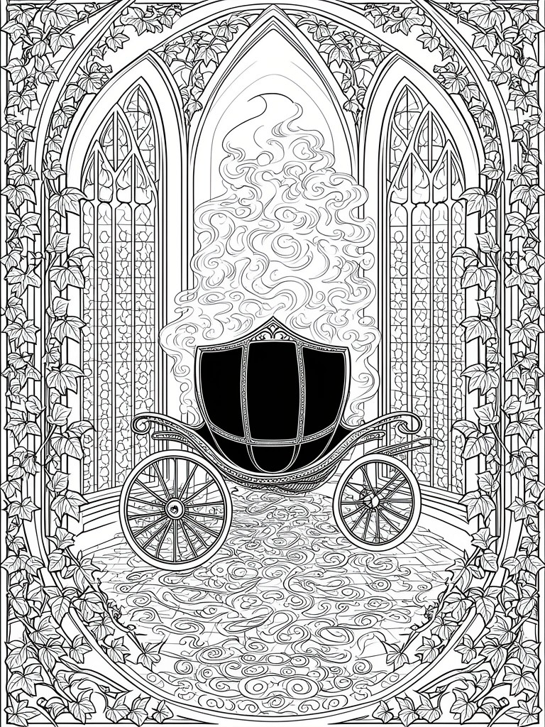 Ornate black carriage with swirling smoke in ivy-covered gothic arches and windows