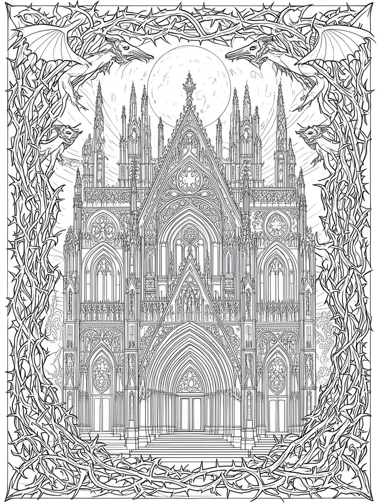 Gothic cathedral with flying dragons and thorny vines in black-and-white line art.