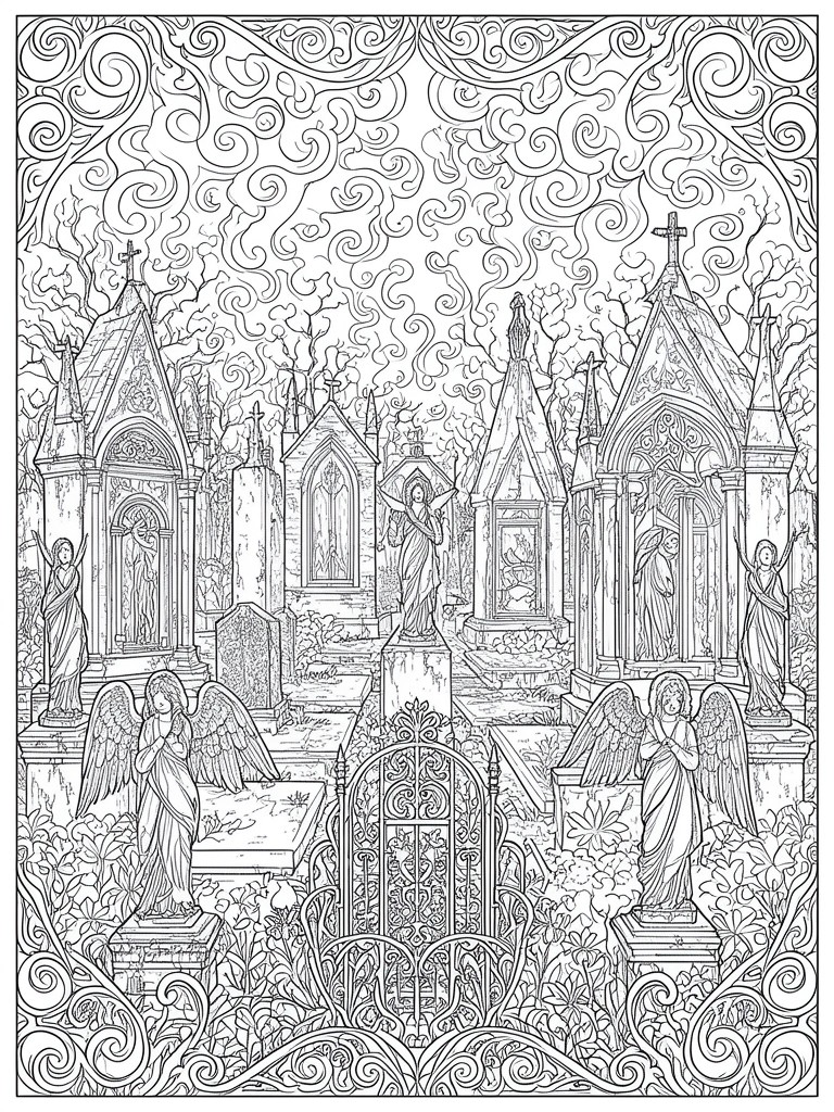 Detailed line art of gothic cemetery with angel statues, ornate tombs, and swirling sky