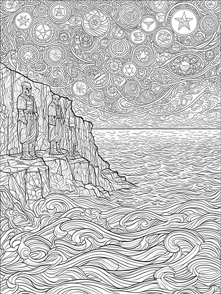 Two robed figures on cliff under ornate celestial symbols above wavy ocean