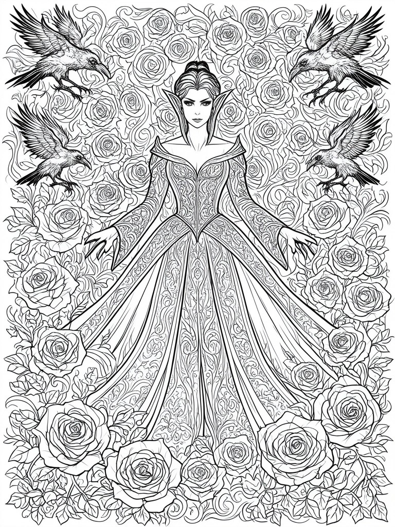A black and white line drawing of a gothic woman in an elaborate dress with pointed ears, surrounded by roses and four flying ravens.