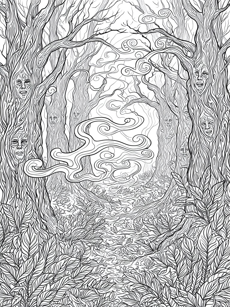 A black and white line drawing of a forest path with trees that have faces emerging from their trunks and swirling mist in the center.