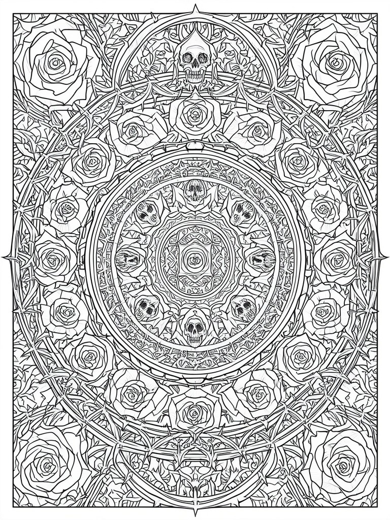 Intricate monochrome mandala with skulls, roses, and thorny vines in circular symmetry.