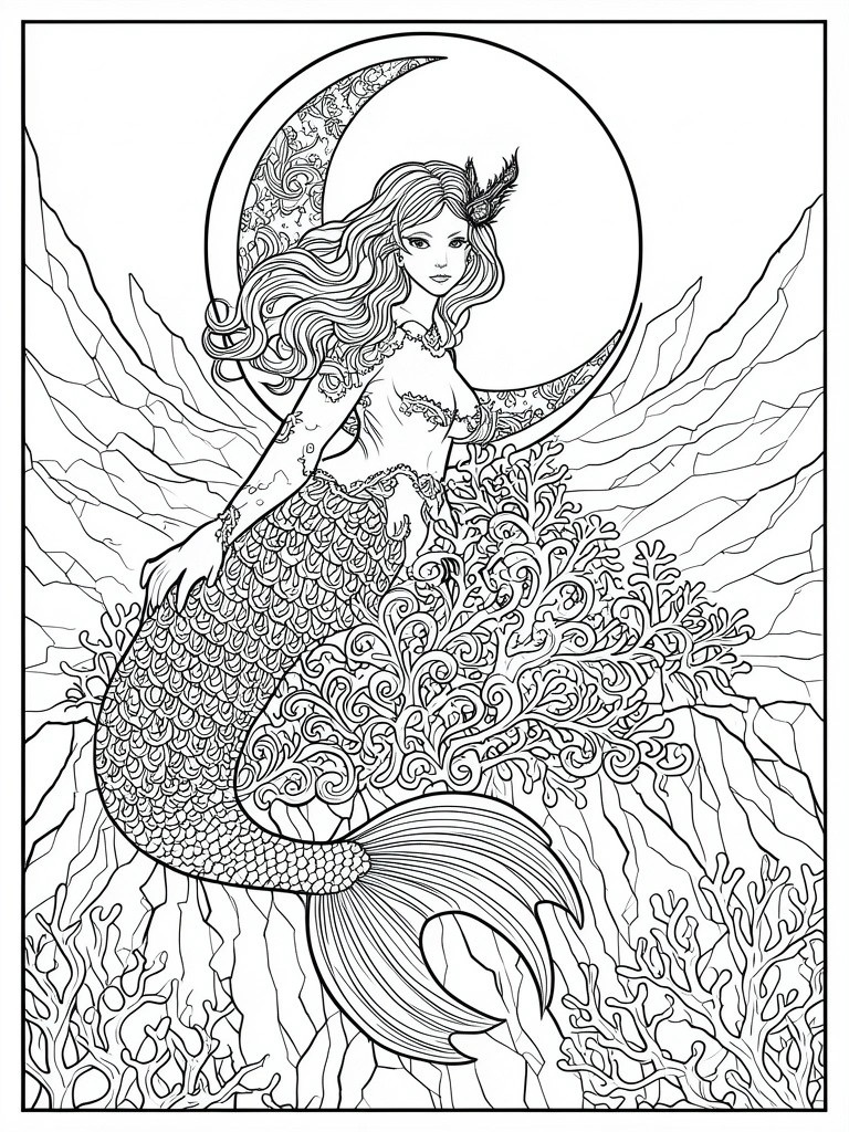 A detailed line art coloring page shows a mermaid with long flowing hair sitting in front of a large crescent moon, surrounded by coral and underwater rock formations.