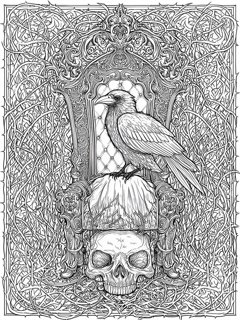 A black and white line drawing shows a raven perched on a mushroom growing from a skull, surrounded by an ornate frame and thorny vines.