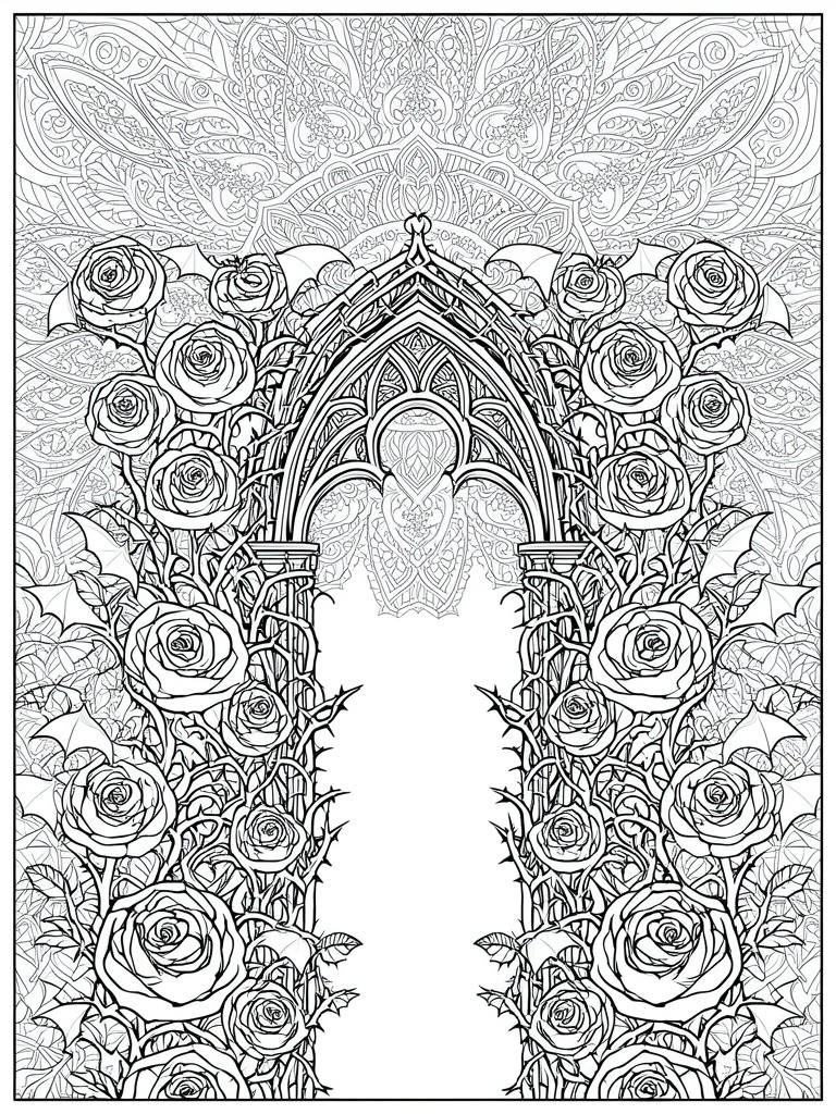 Gothic arch entwined with bat-winged roses and thorny vines in line art