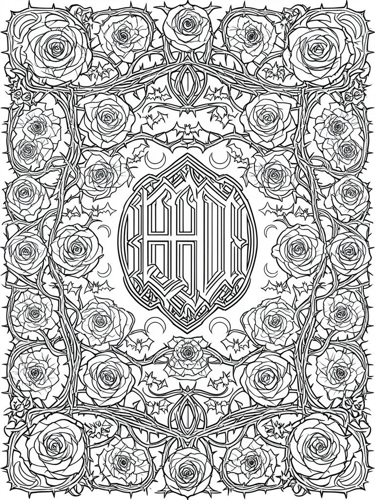 Intricate gothic line art of roses, bats, moons, and thorny vines around central monogram